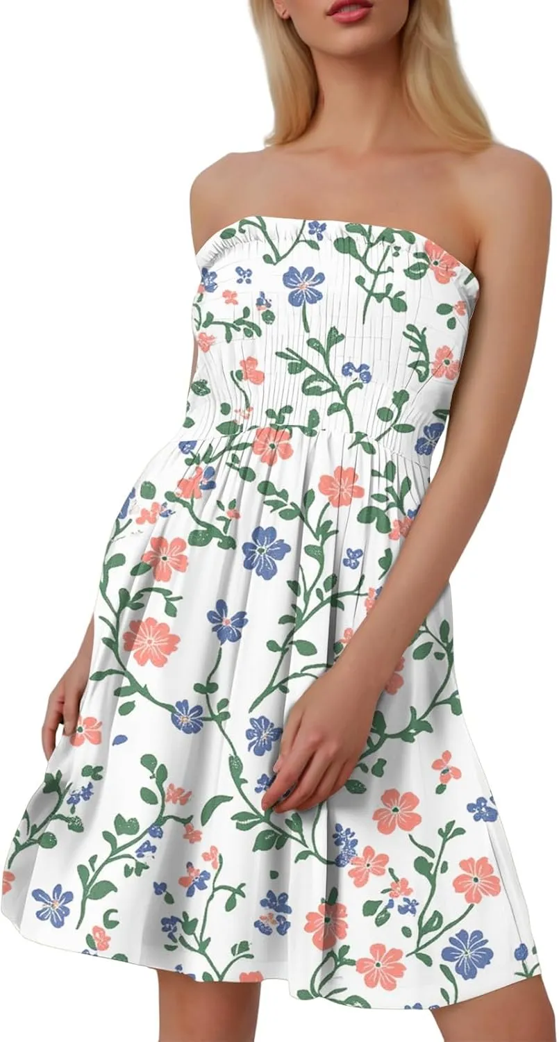 Summer Dresses for Women 2025 Flowy Flower Shirred Tube Mini Dress Sexy Empire Waist Sleeveless Tropical Ruffle Sundresses