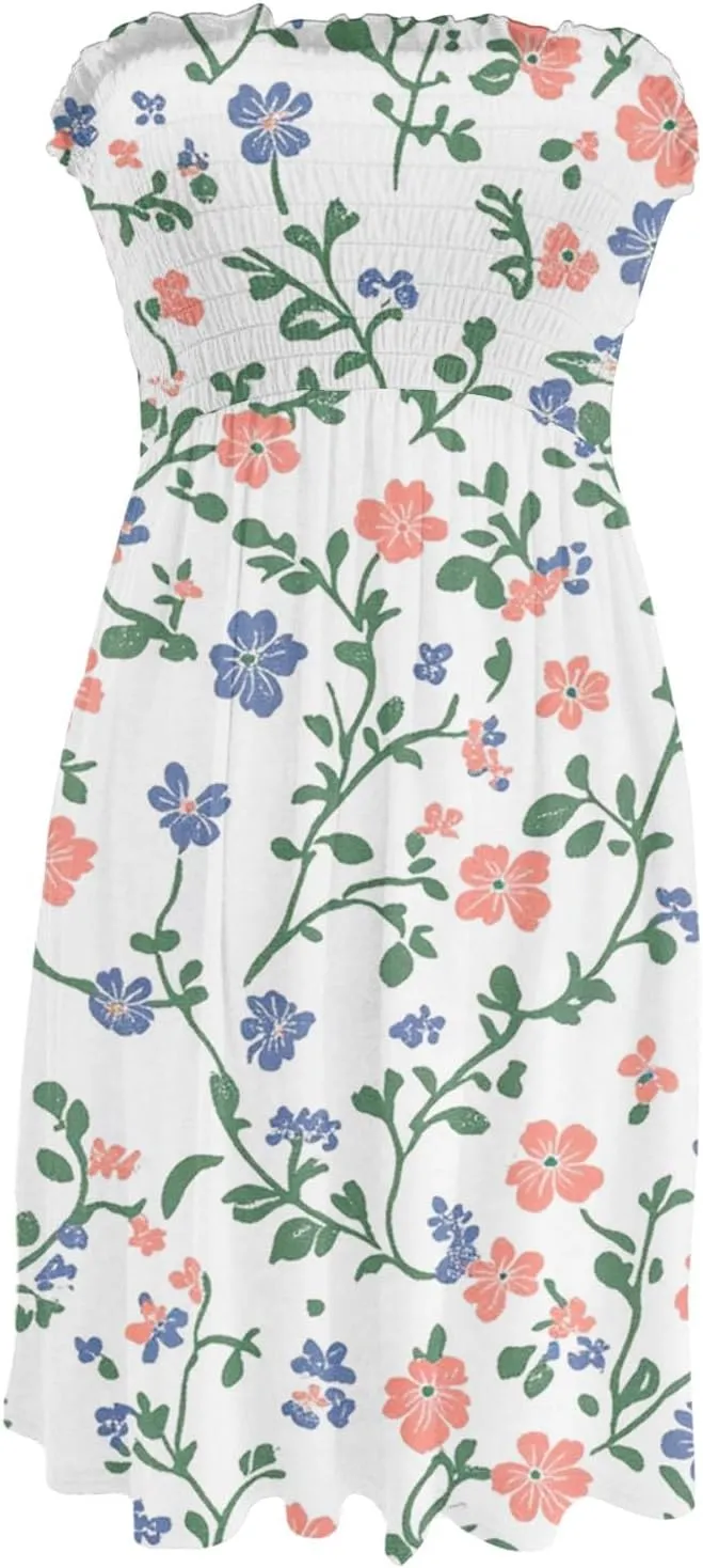 Summer Dresses for Women 2025 Flowy Flower Shirred Tube Mini Dress Sexy Empire Waist Sleeveless Tropical Ruffle Sundresses