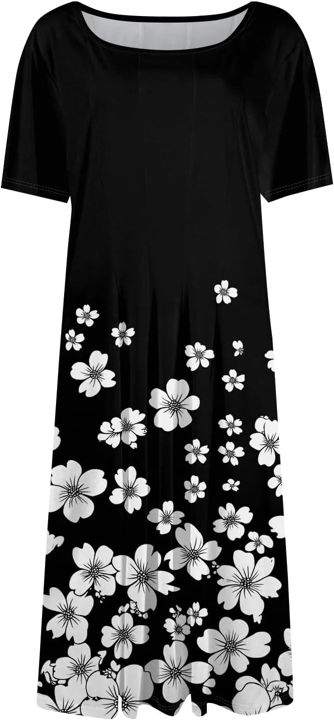 Summer Dresses for Women 2025 Midi Short Sleeve Crew Neck Women Dress Fashion Pleated with Side Pocket A Line Dress