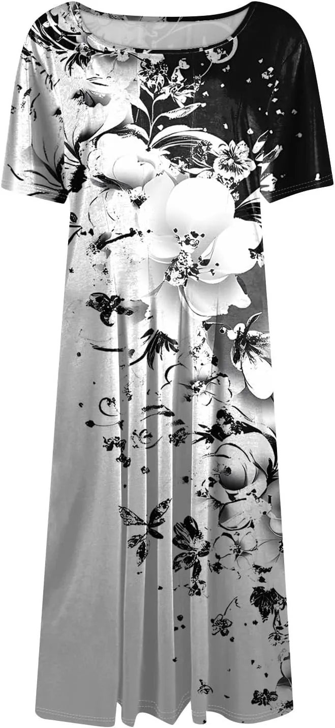 Summer Dresses for Women 2025 Midi Short Sleeve Crew Neck Women Dress Fashion Pleated with Side Pocket A Line Dress