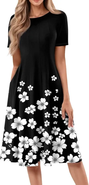 Summer Dresses for Women 2025 Midi Short Sleeve Crew Neck Women Dress Fashion Pleated with Side Pocket A Line Dress