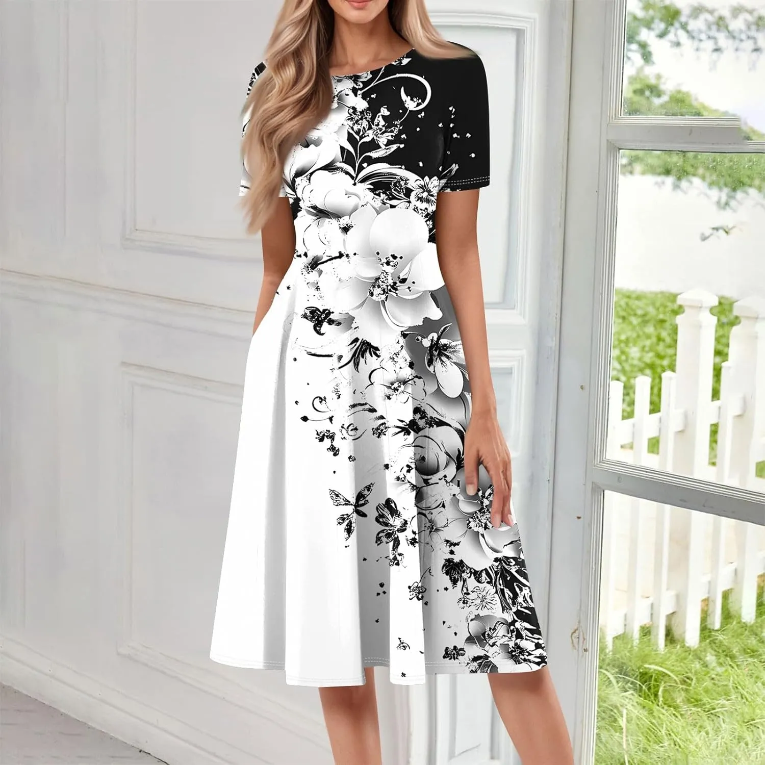 Summer Dresses for Women 2025 Midi Short Sleeve Crew Neck Women Dress Fashion Pleated with Side Pocket A Line Dress