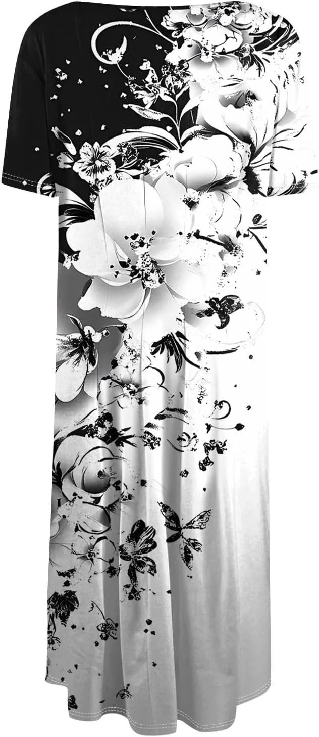 Summer Dresses for Women 2025 Midi Short Sleeve Crew Neck Women Dress Fashion Pleated with Side Pocket A Line Dress