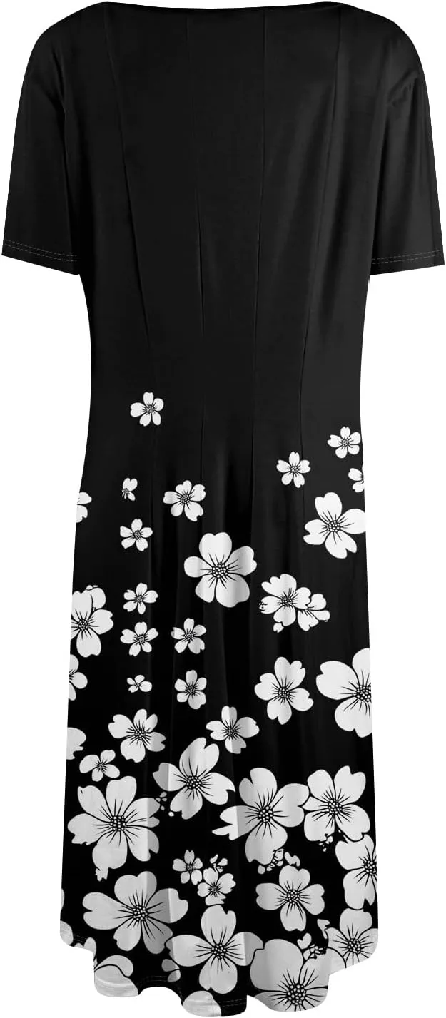 Summer Dresses for Women 2025 Midi Short Sleeve Crew Neck Women Dress Fashion Pleated with Side Pocket A Line Dress