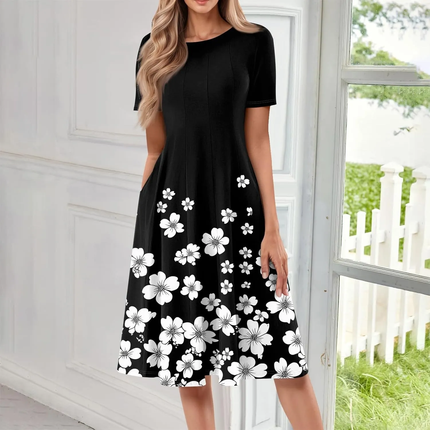 Summer Dresses for Women 2025 Midi Short Sleeve Crew Neck Women Dress Fashion Pleated with Side Pocket A Line Dress