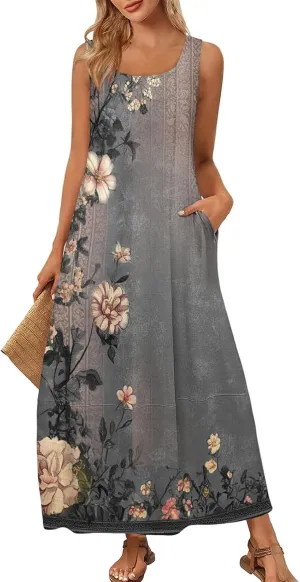 Summer Dresses for Women 2025 Sleeveless Floral Casual Maxi Dress Plus Size Loose Comfy Solid Long Dress with Pockets