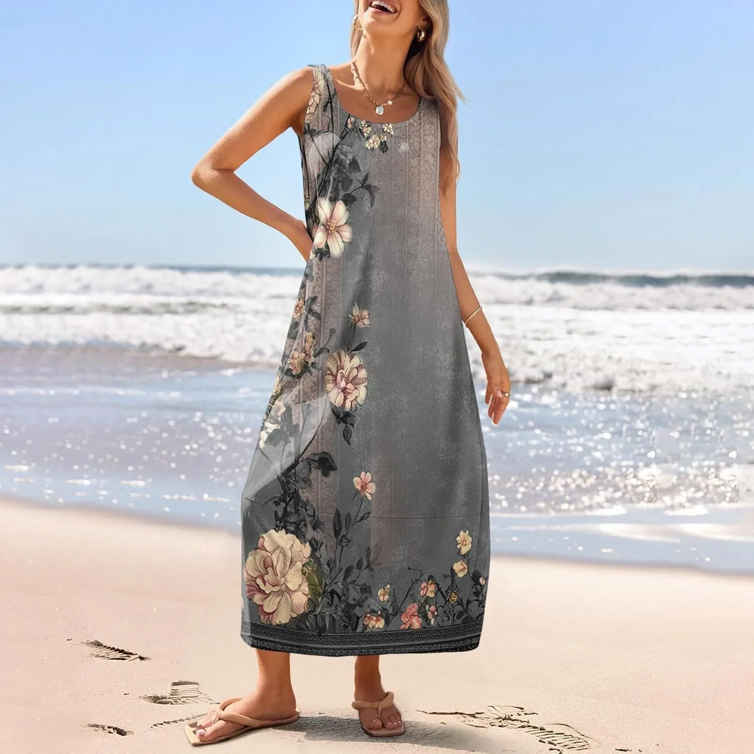 Summer Dresses for Women 2025 Sleeveless Floral Casual Maxi Dress Plus Size Loose Comfy Solid Long Dress with Pockets