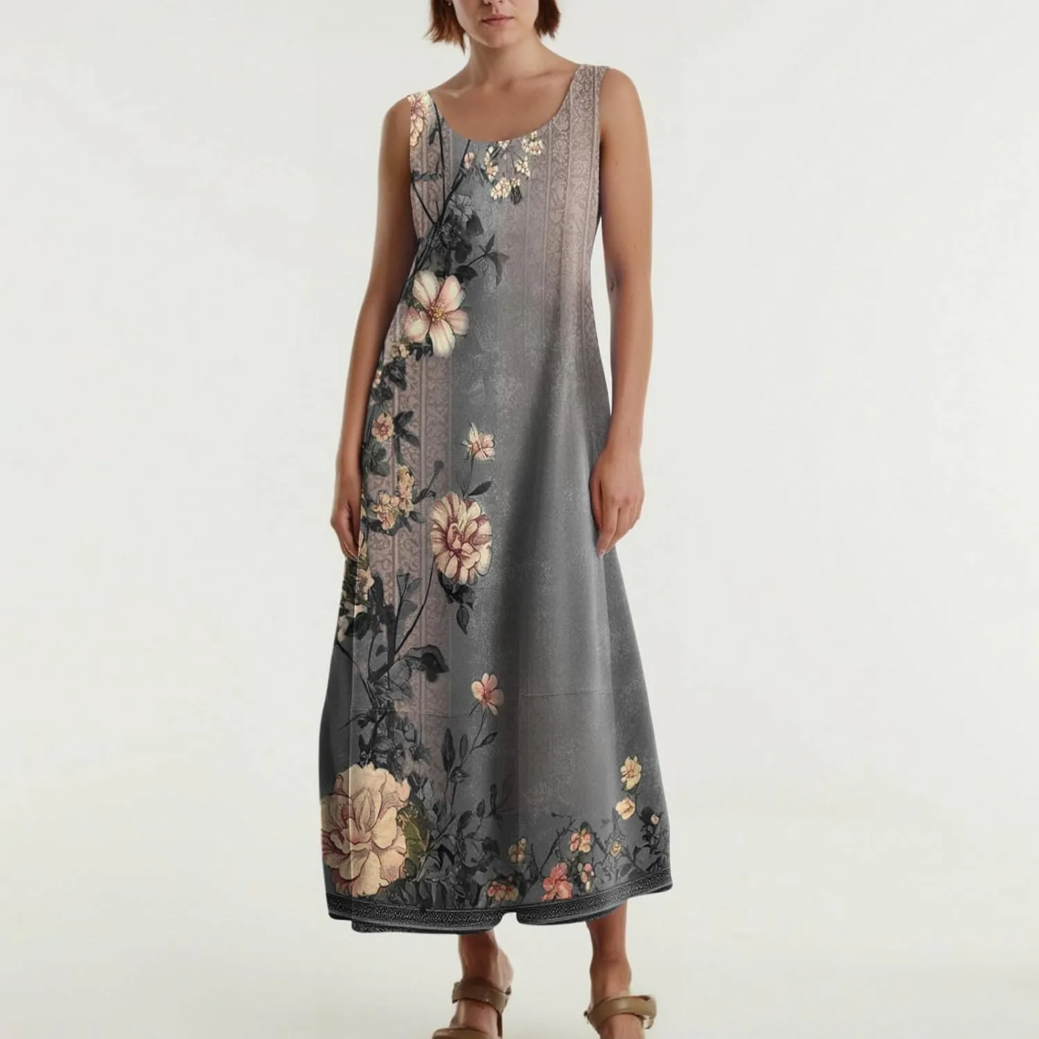 Summer Dresses for Women 2025 Sleeveless Floral Casual Maxi Dress Plus Size Loose Comfy Solid Long Dress with Pockets