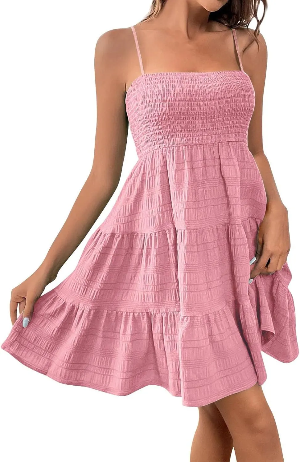 Summer Dresses for Women 2025 Trendy Spaghetti Strap Sleeveless Beach Casual Sundress A Line Ruffle Hem Mini Dress