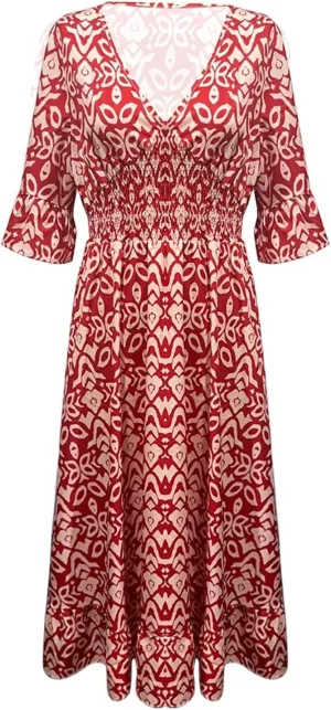 Summer Dresses for Women Boho Floral Print Dress 2025 Casual V Neck Bohemian Wrap 3/4 Sleeve High Waist Midi Dress