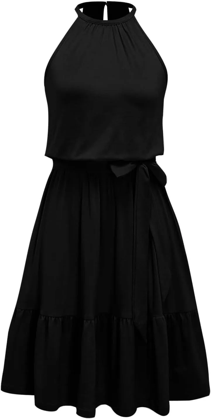 Sundresses for Women,2025 Spring Summer Elegant Sleeveless Halter Mini Beach Dress,Flowy Ruched Swing Vacation Dress