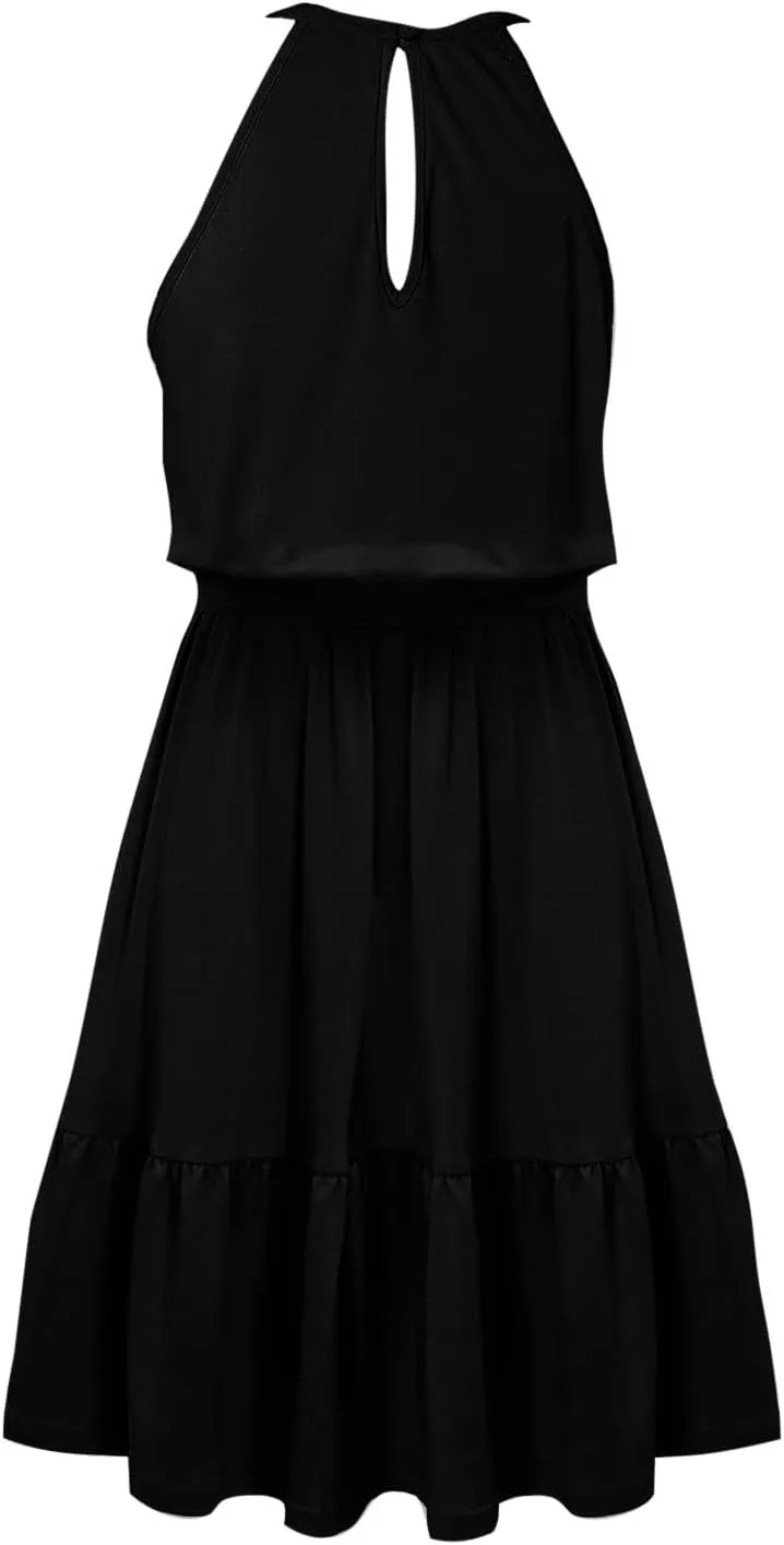 Sundresses for Women,2025 Spring Summer Elegant Sleeveless Halter Mini Beach Dress,Flowy Ruched Swing Vacation Dress