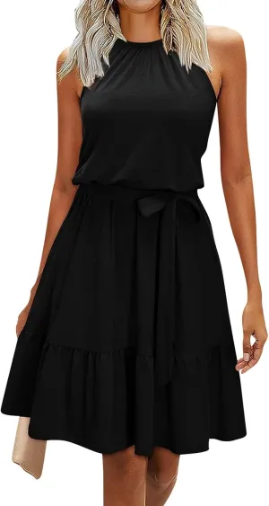 Sundresses for Women,2025 Spring Summer Elegant Sleeveless Halter Mini Beach Dress,Flowy Ruched Swing Vacation Dress