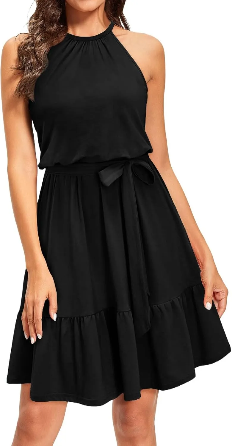 Sundresses for Women,2025 Spring Summer Elegant Sleeveless Halter Mini Beach Dress,Flowy Ruched Swing Vacation Dress