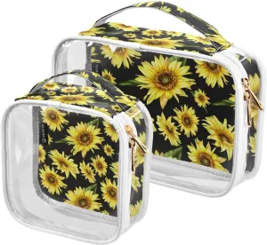 Sunflower-floral-pattern 2 Pack Clear Toiletry Bag Women Men, Portable Waterproof Clear Pouch, Cosmetic Bag with Double Zippers Large Opening Traveling with Handle for Bathroom Traveling Vacation Orga