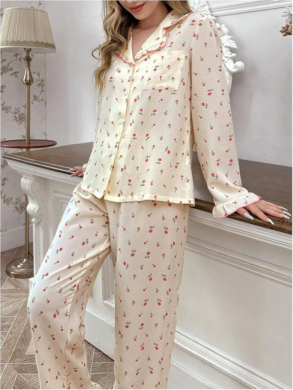 SweatyRocks Women's 2 Piece Pajama Set Ditsy Floral Print Button Down Long Sleeve Top and Pants Loungewear