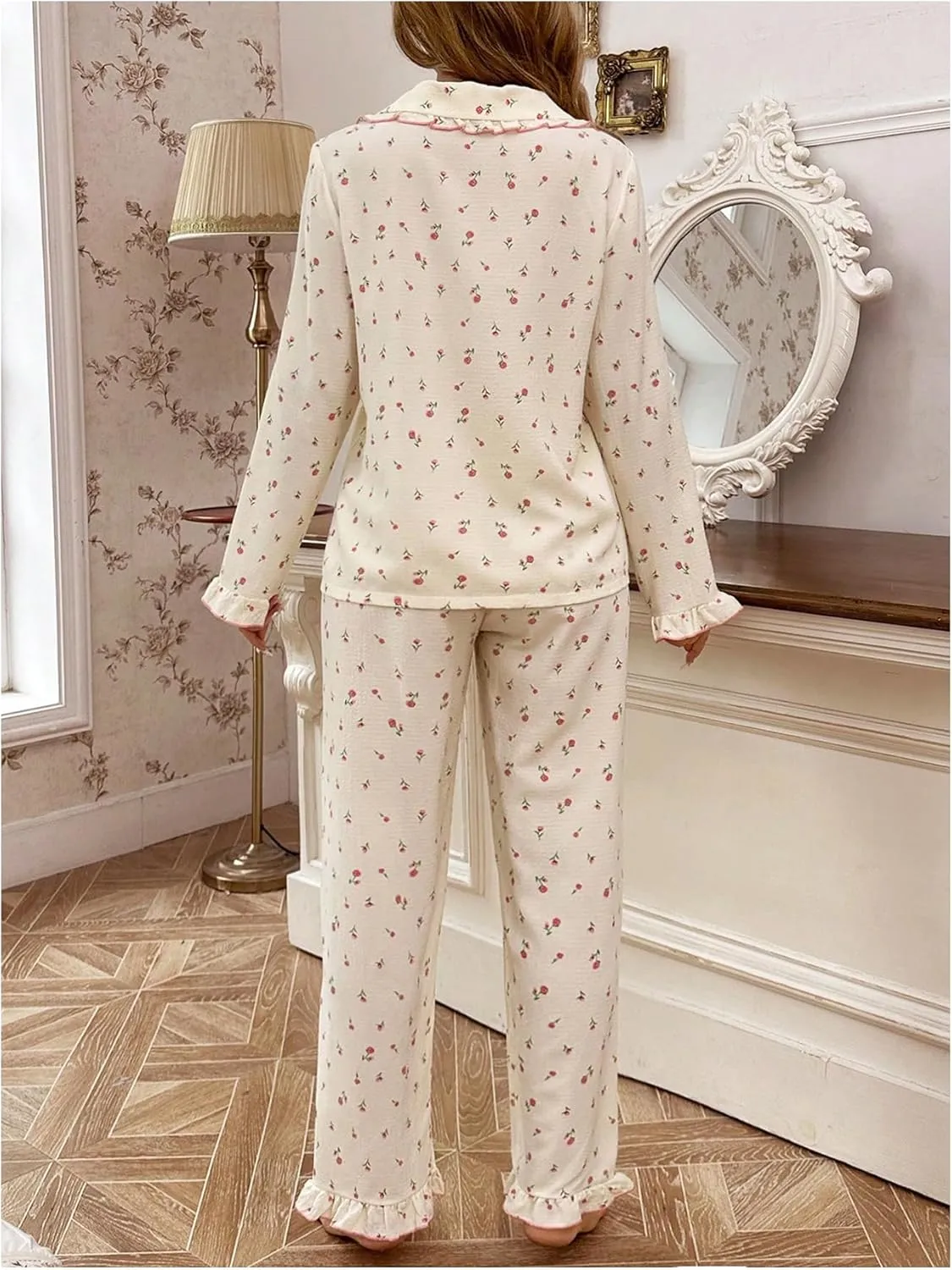 SweatyRocks Women's 2 Piece Pajama Set Ditsy Floral Print Button Down Long Sleeve Top and Pants Loungewear