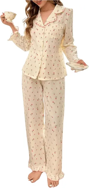 SweatyRocks Women's 2 Piece Pajama Set Ditsy Floral Print Button Down Long Sleeve Top and Pants Loungewear