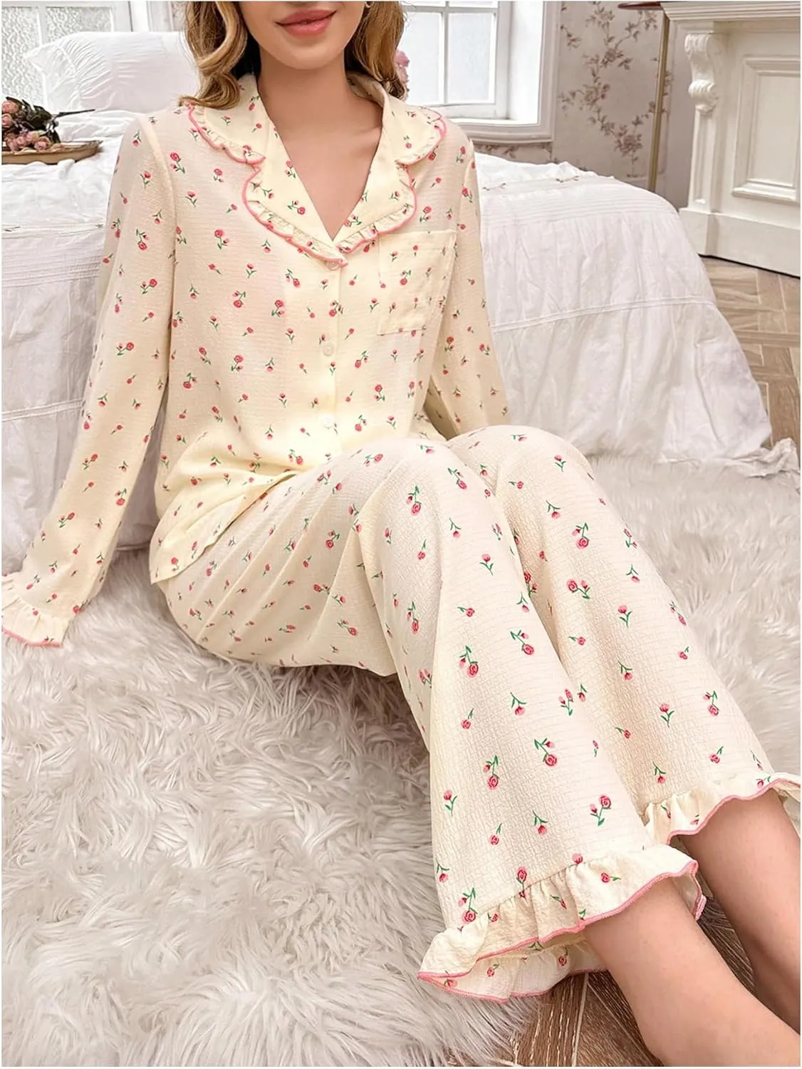 SweatyRocks Women's 2 Piece Pajama Set Ditsy Floral Print Button Down Long Sleeve Top and Pants Loungewear