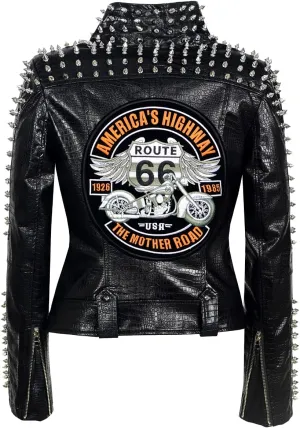 SX Women Punk Faux Leather PU Black Jacket Studded Rivet Fashion Streetwear Motorcycle Coat