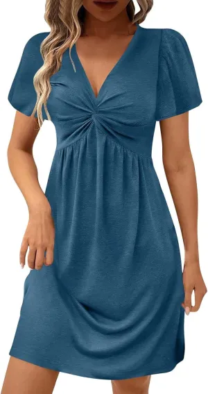 TARIENDY Casual Dresses for Women Summer V Neck Dress Comfy Fit Mini Dress Sexy Short Sleeve Dress Tunic Vacation Outfits