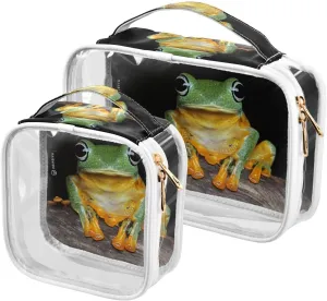 Tree-frog Print 2 Pack Clear Toiletry Bag Women Men, Portable Waterproof Clear Pouch, Cosmetic Bag with Double Zippers Large Opening Traveling with Handle for Bathroom Traveling Vacation Organizing