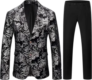 TRONSTORE Men's Velvet Suit Set Slim Fit 2 Piece Tuxedos Two Button Pattern Suit Jacket Pants Party Prom