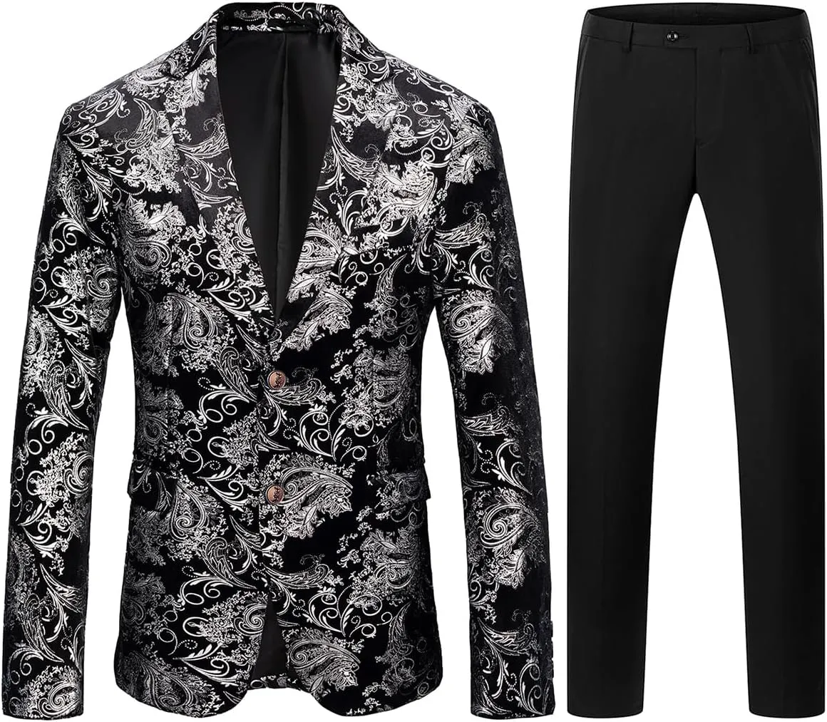 TRONSTORE Men's Velvet Suit Set Slim Fit 2 Piece Tuxedos Two Button Pattern Suit Jacket Pants Party Prom