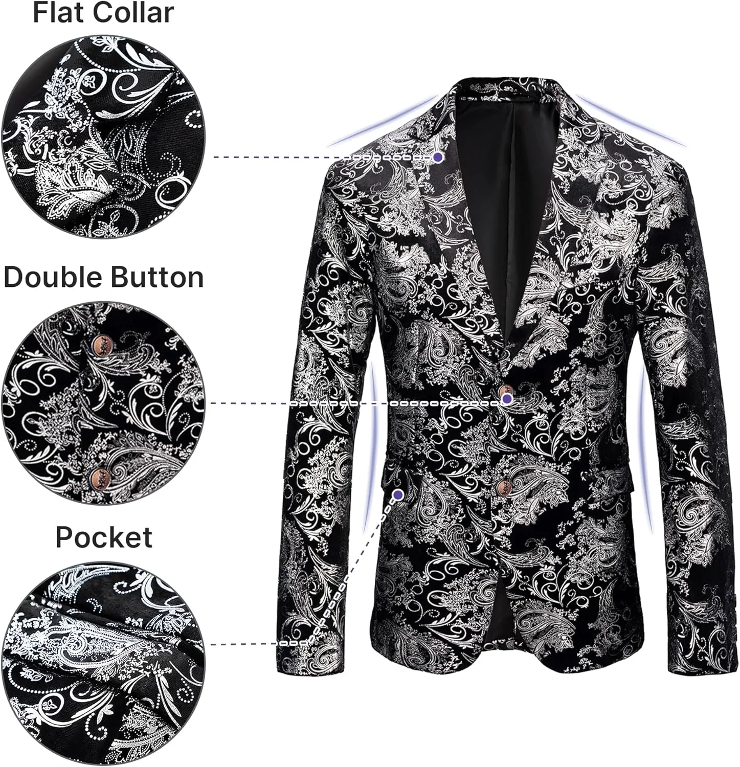 TRONSTORE Men's Velvet Suit Set Slim Fit 2 Piece Tuxedos Two Button Pattern Suit Jacket Pants Party Prom