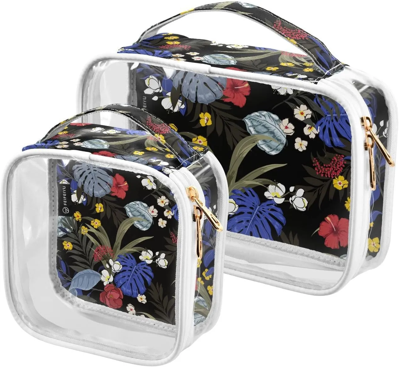 Tropical-black-pattern 2 Pack Clear Toiletry Bag Women Men, Portable Waterproof Clear Pouch, Cosmetic Bag with Double Zippers Large Opening Traveling with Handle for Bathroom Traveling Vacation Organi