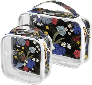 Tropical-black-pattern 2 Pack Clear Toiletry Bag Women Men, Portable Waterproof Clear Pouch, Cosmetic Bag with Double Zippers Large Opening Traveling with Handle for Bathroom Traveling Vacation Organi
