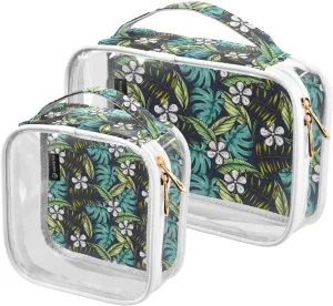 Tropical-black Pattern 2 Pack Clear Toiletry Bag Women Men, Portable Waterproof Clear Pouch, Cosmetic Bag with Double Zippers Large Opening Traveling with Handle for Bathroom Traveling Vacation Organi