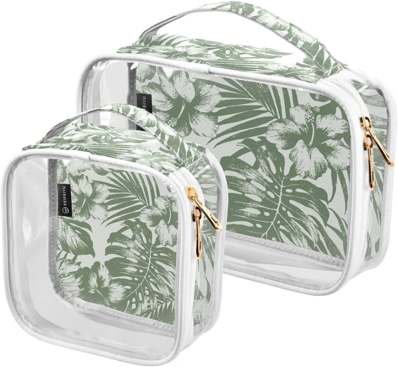 Tropical-palm-leaves-pattern 2 Pack Clear Toiletry Bag Women Men, Portable Waterproof Clear Pouch, Cosmetic Bag with Double Zippers Large Opening Traveling with Handle for Bathroom Traveling Vacation