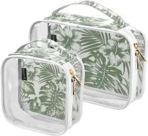 Tropical-palm-leaves-pattern 2 Pack Clear Toiletry Bag Women Men, Portable Waterproof Clear Pouch, Cosmetic Bag with Double Zippers Large Opening Traveling with Handle for Bathroom Traveling Vacation