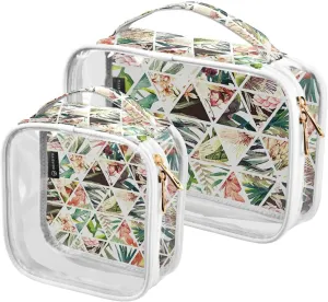 Tropical Plaid Pattern 2 Pack Clear Toiletry Bag Women Men, Portable Waterproof Clear Pouch, Cosmetic Bag with Double Zippers Large Opening Traveling with Handle for Bathroom Traveling Vacation Organi