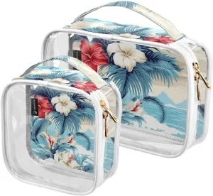 Tropical-print 2 Pack Clear Toiletry Bag Women Men, Portable Waterproof Clear Pouch, Cosmetic Bag with Double Zippers Large Opening Traveling with Handle for Bathroom Traveling Vacation Organizing
