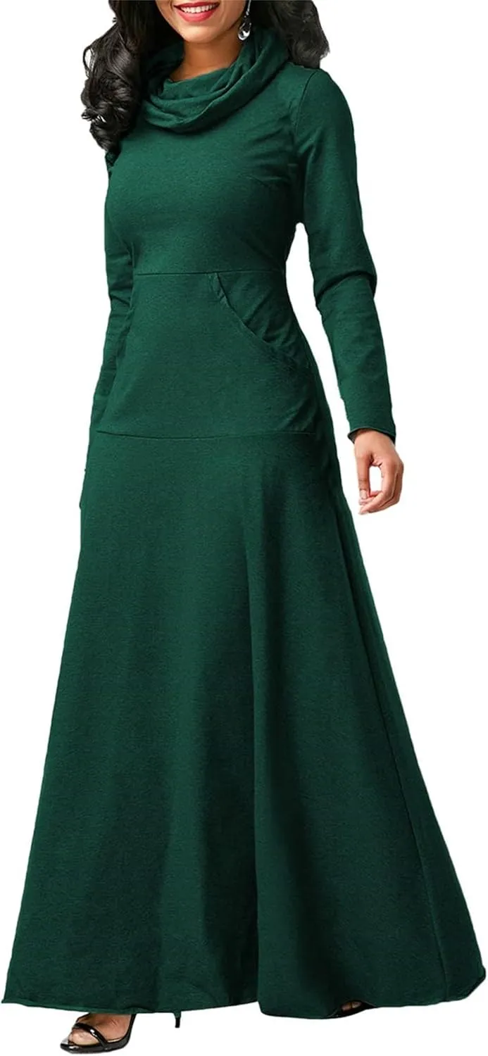 Turtleneck Maxi Dress for Women Plus Size Winter Elegant Solid Swing Casual Long Sleeve Long Dresses with Pocket