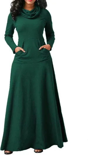 Turtleneck Maxi Dress for Women Plus Size Winter Elegant Solid Swing Casual Long Sleeve Long Dresses with Pocket