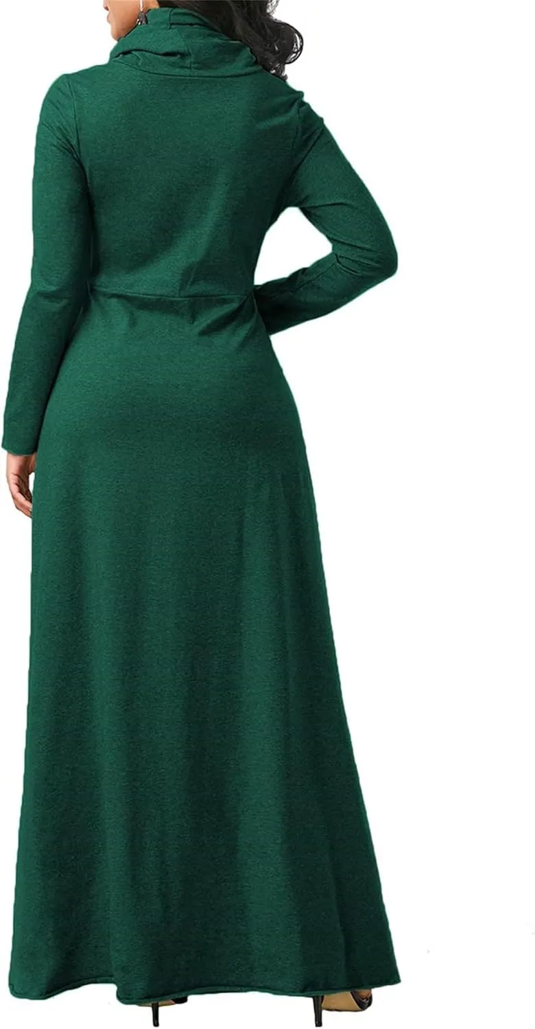 Turtleneck Maxi Dress for Women Plus Size Winter Elegant Solid Swing Casual Long Sleeve Long Dresses with Pocket