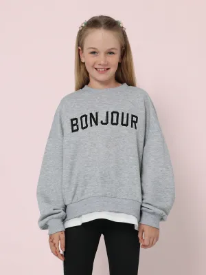 Tween Girls Comfy Grey Marl Oversized Sweater With Graphic Print