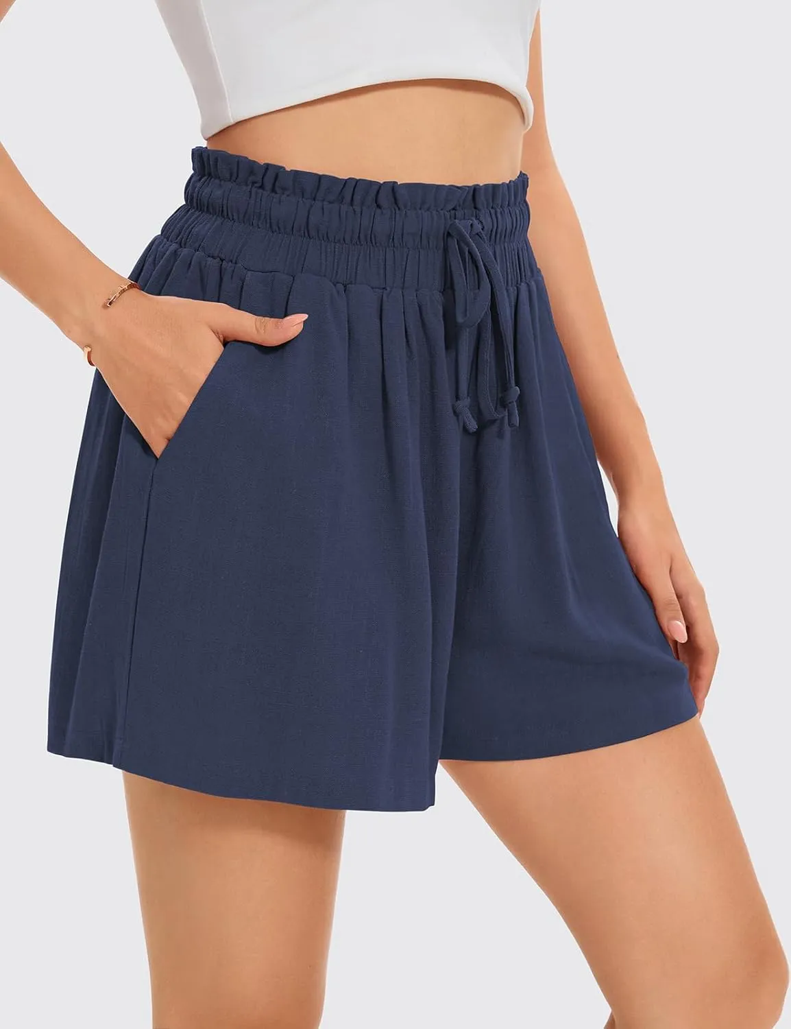 UEU Womens Linen Pants Summer Wide Leg Casual Loose High Waist Drawstring Palazzo Capri with Pockets- 25" / 20" / 3" Inseam