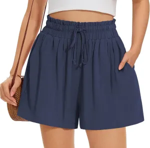 UEU Womens Linen Pants Summer Wide Leg Casual Loose High Waist Drawstring Palazzo Capri with Pockets- 25" / 20" / 3" Inseam