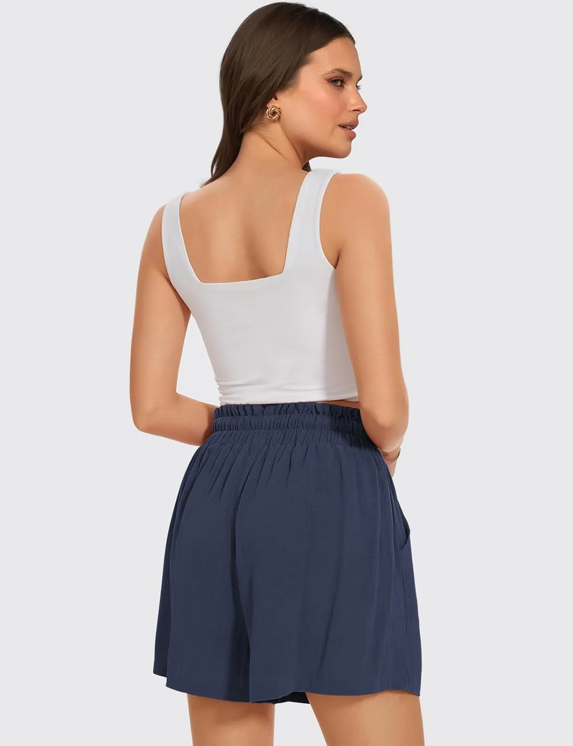 UEU Womens Linen Pants Summer Wide Leg Casual Loose High Waist Drawstring Palazzo Capri with Pockets- 25" / 20" / 3" Inseam