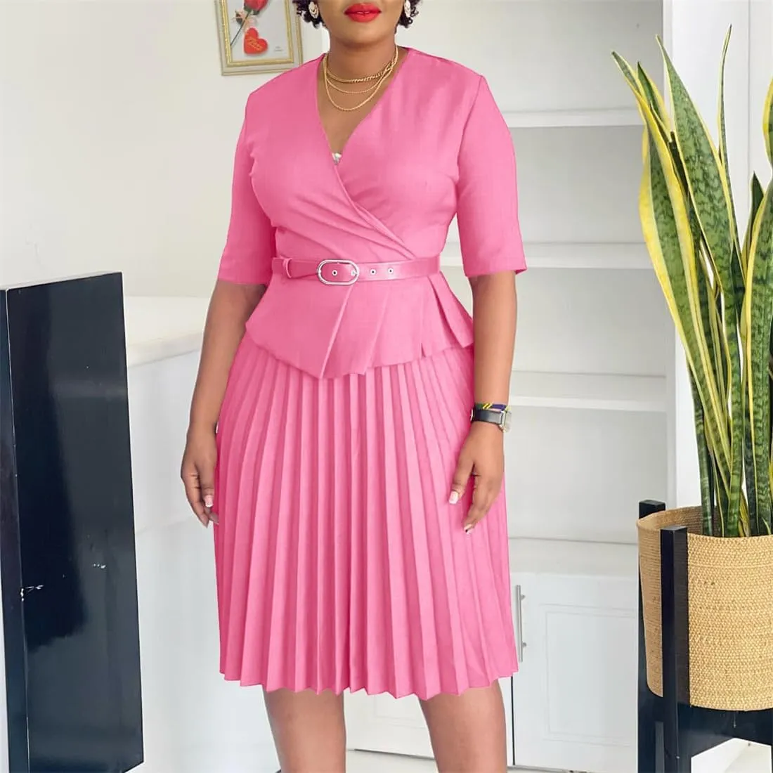 Useagrey Midi Dress for Women Pencil Dress Fashion Work Dress Elegant High Waist Ruched Pleated Church Dress