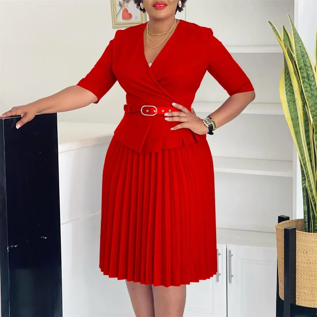 Useagrey Midi Dress for Women Pencil Dress Fashion Work Dress Elegant High Waist Ruched Pleated Church Dress