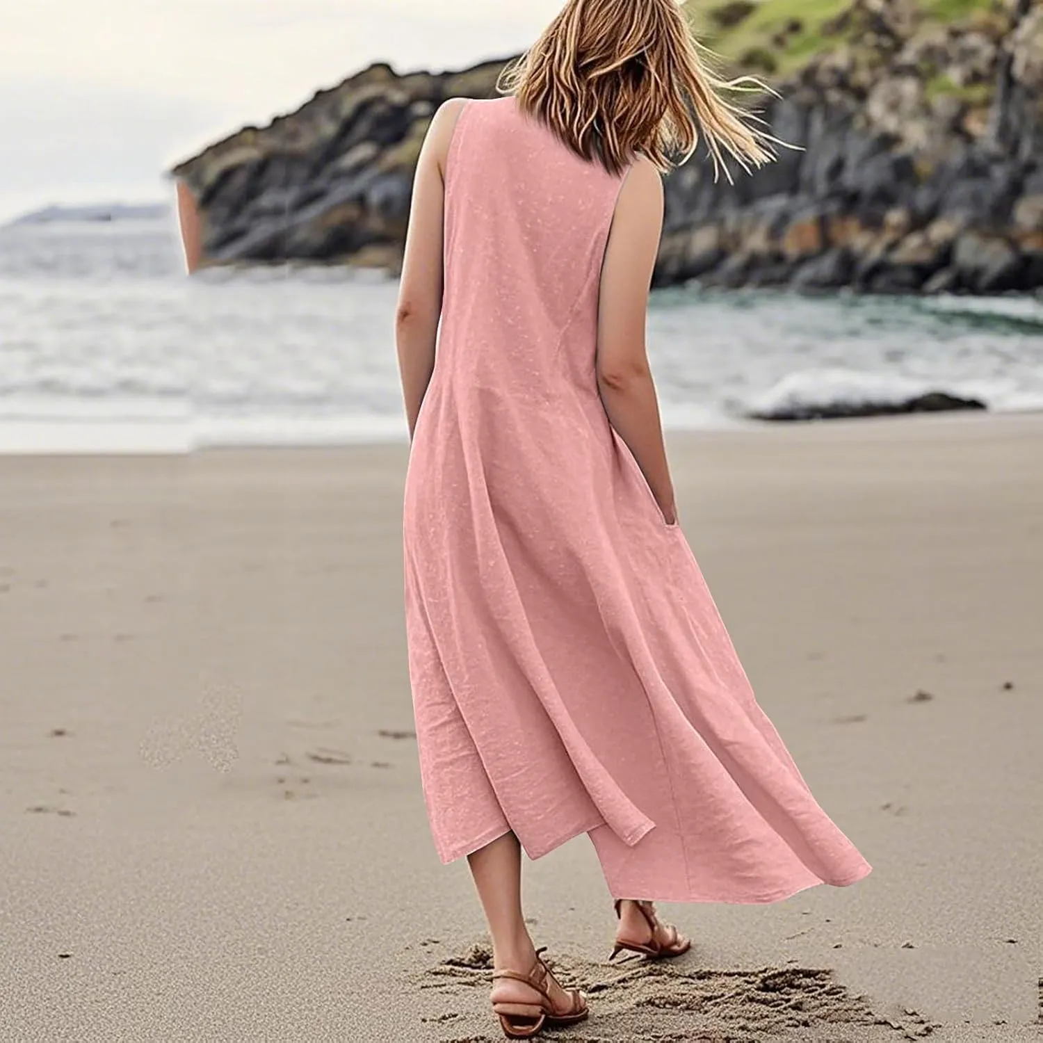 Vacation Dresses for Women 2025 Beach Summer Sleeveless Linen Maxi Dress Boho Flowy Plus Size Sun Dresses with Pocket