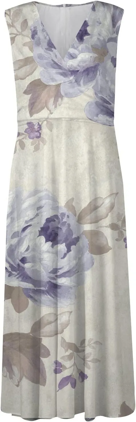Vacation Dresses for Women, Summer Beach Plus Size V-Neck Sleeveless Fashion Dress Flowy Floral Printing Long Dresses