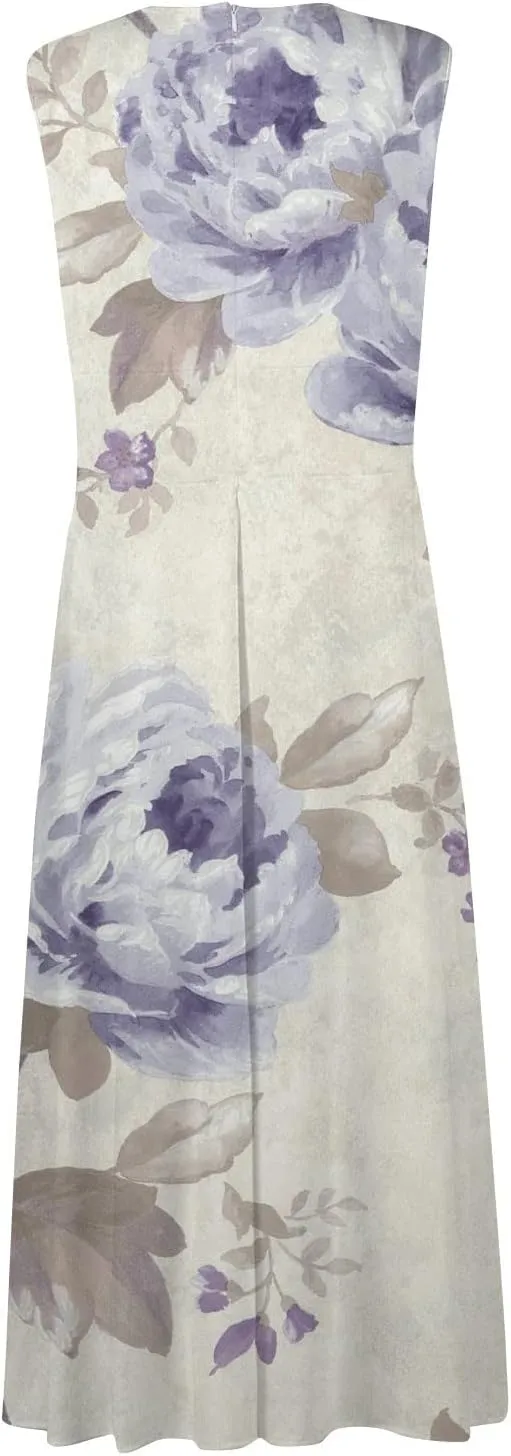Vacation Dresses for Women, Summer Beach Plus Size V-Neck Sleeveless Fashion Dress Flowy Floral Printing Long Dresses
