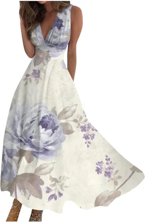 Vacation Dresses for Women, Summer Beach Plus Size V-Neck Sleeveless Fashion Dress Flowy Floral Printing Long Dresses