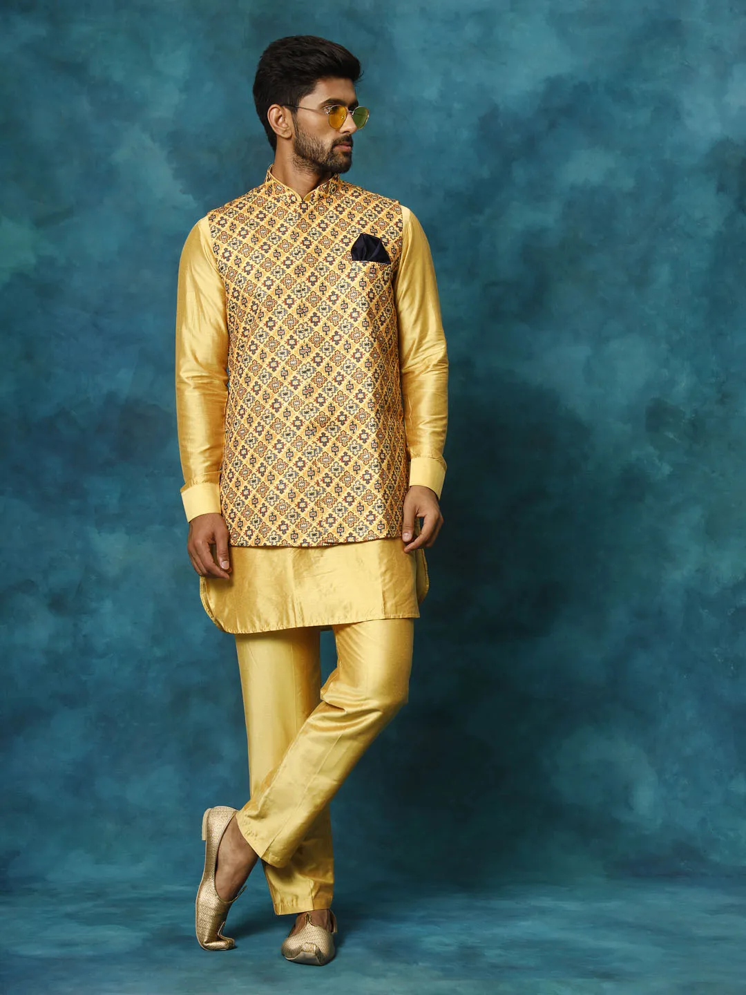 VASTRAMAY Mustard Geometric Nehru Jacket Set